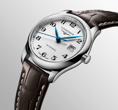 Longines Master Collection Silver "barleycorn" dial. Stainless steel 29.00 mm L22574783 L2.257.4.78.3 side and back view