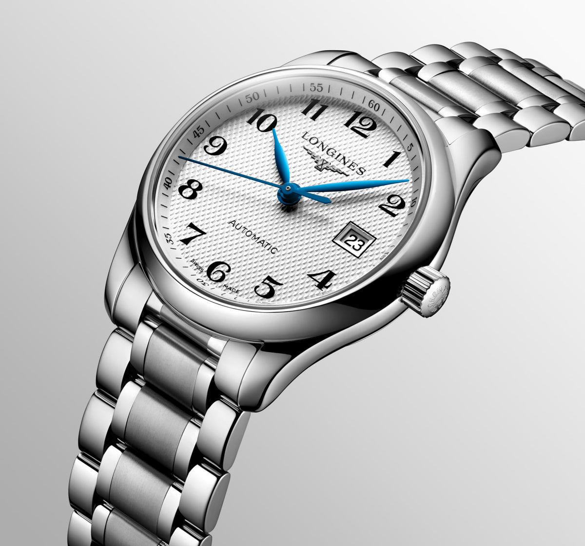 Longines Master Collection Silver "barleycorn" dial. Stainless steel 29.00 mm L22574786 L2.257.4.78.6 side and back view