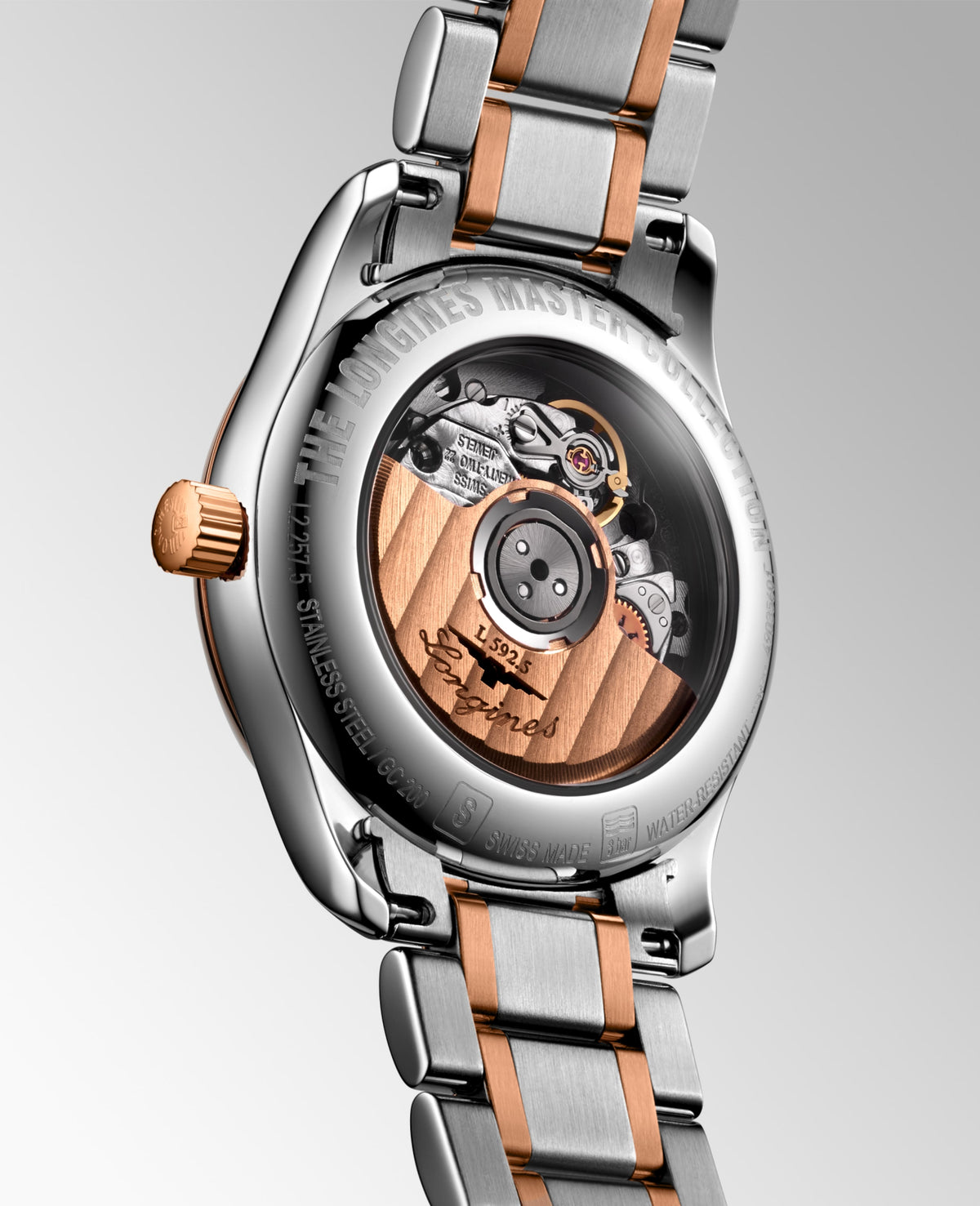Longines Master Collection Silver "barleycorn" dial. Stainless steel and rose gold 18 carats cap 200 29.00 mm L22575797 L2.257.5.79.7 side and back view