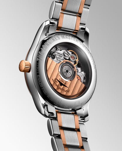 Longines Master Collection Silver "barleycorn" dial. Stainless steel and rose gold 18 carats cap 200 29.00 mm L22575797 L2.257.5.79.7 side and back view