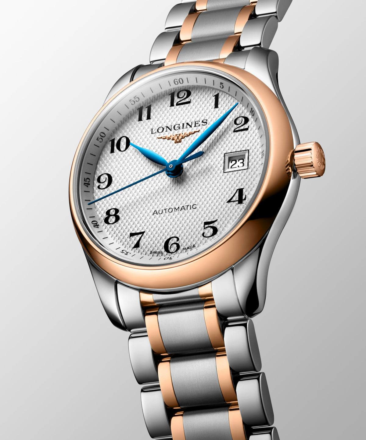 Longines Master Collection Silver "barleycorn" dial. Stainless steel and rose gold 18 carats cap 200 29.00 mm L22575797 L2.257.5.79.7 side and front view