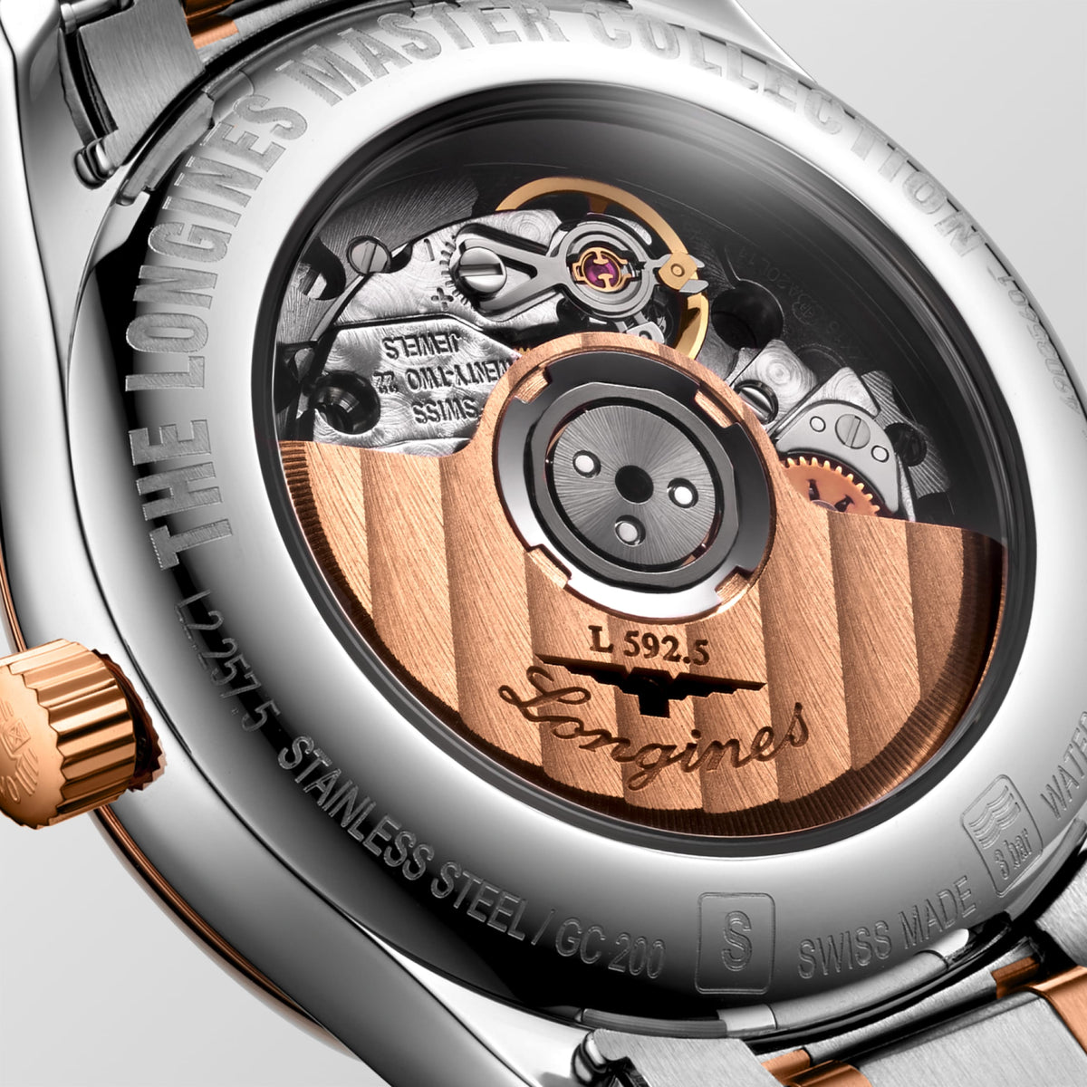 Longines Master Collection Silver "barleycorn" dial. Stainless steel and rose gold 18 carats cap 200 29.00 mm L22575797 L2.257.5.79.7 back view