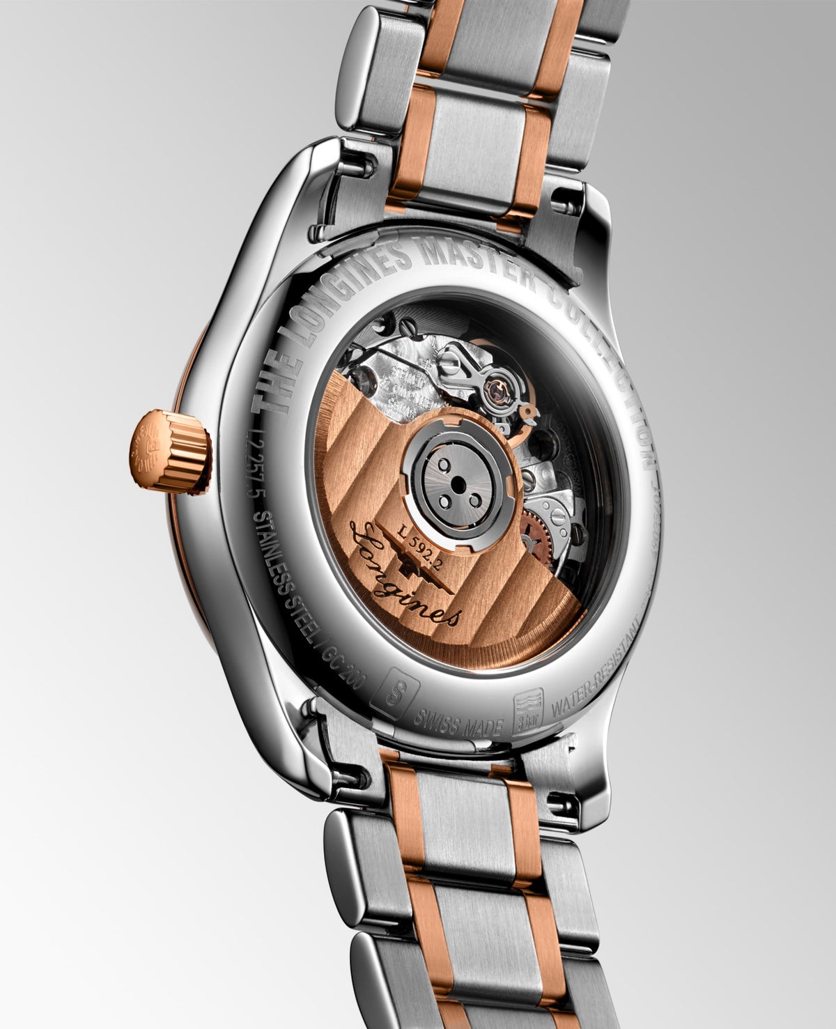 Longines Master Collection White mother-of-pearl dial. Stainless steel and rose gold 18 carats cap 200 29.00 mm L22575897 L2.257.5.89.7 side and back view
