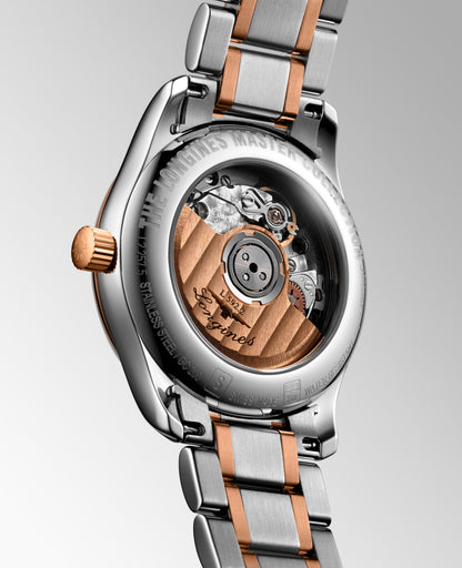 Longines Master Collection White mother-of-pearl dial. Stainless steel and rose gold 18 carats cap 200 29.00 mm L22575897 L2.257.5.89.7 side and back view