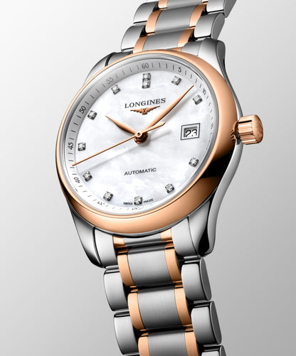 Longines Master Collection White mother-of-pearl dial. Stainless steel and rose gold 18 carats cap 200 29.00 mm L22575897 L2.257.5.89.7 side and front view