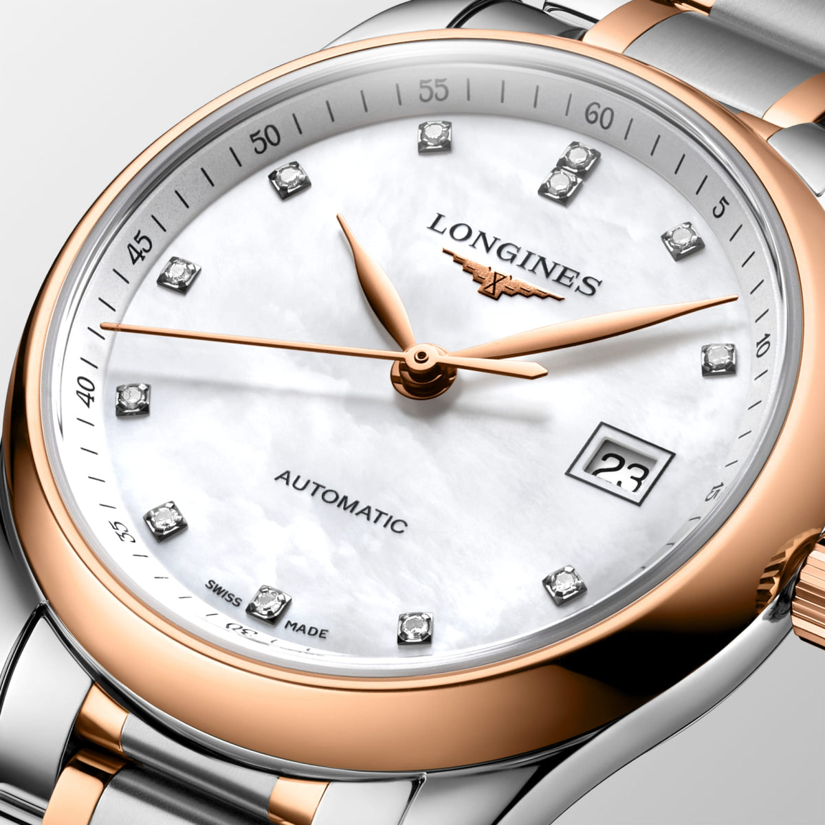 Longines Master Collection White mother-of-pearl dial. Stainless steel and rose gold 18 carats cap 200 29.00 mm L22575897 L2.257.5.89.7 detailed view)