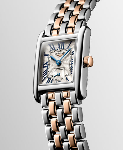 Longines Mini Dolcevita 21.50 X 29.00 mm Silver "flinqué" Stainless steel with rose gold 18 carats crown L52005717 L5.200.5.71.7 front and side view