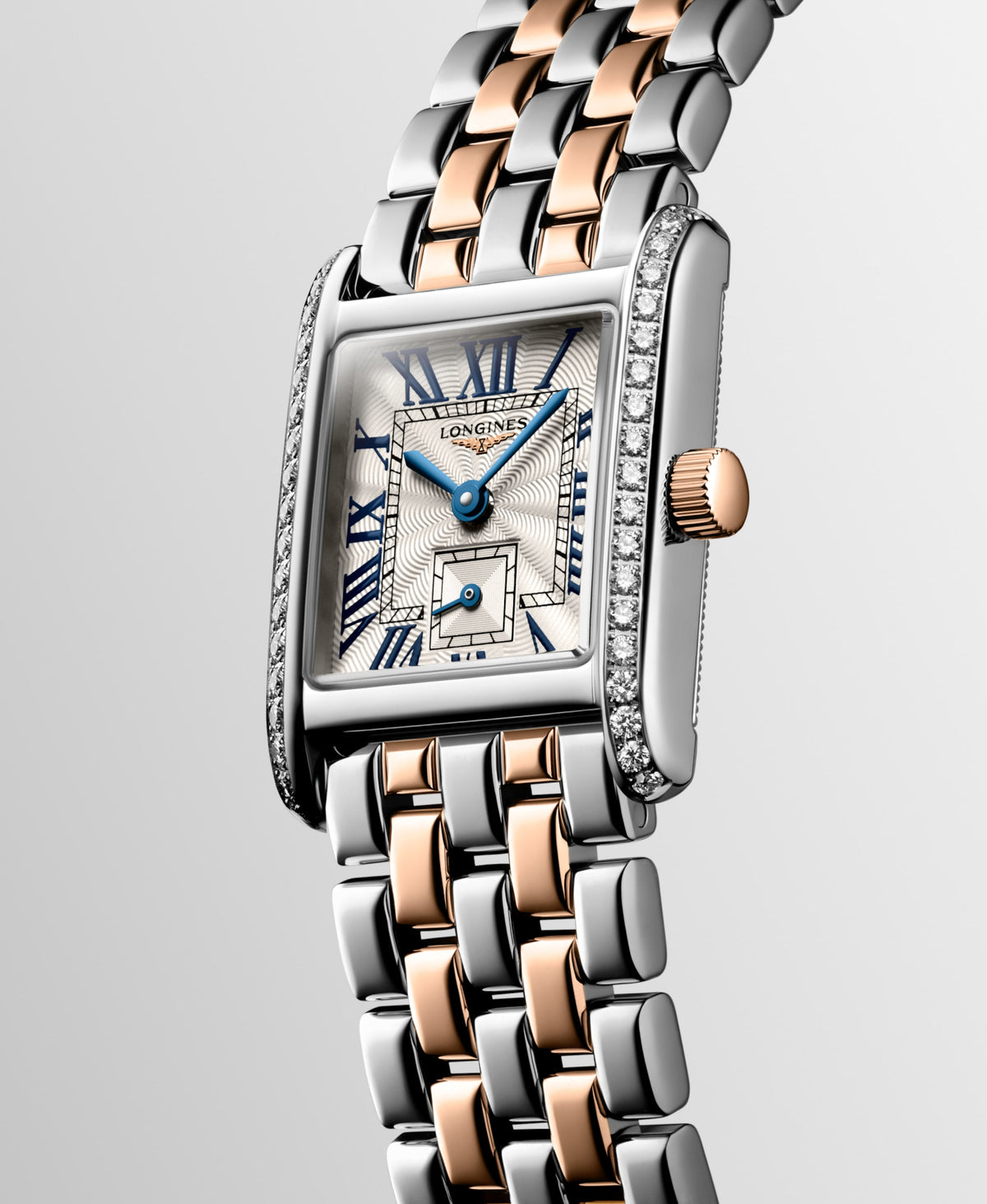 Longines Mini Dolcevita 21.50 X 29.00 mm Silver "flinqué" Stainless steel with rose gold 18 carats crown L52005797 L5.200.5.79.7 front and side view