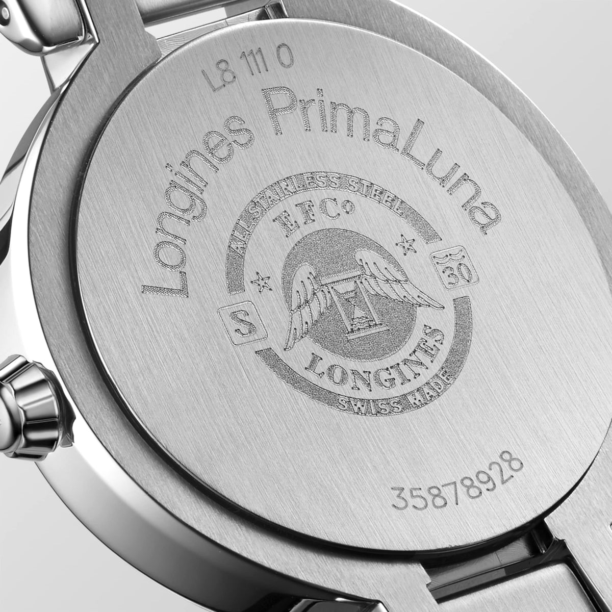 Longines Primaluna 26.50 mm White mother-of-pearl Stainless steel L81110876 L8.111.0.87.6 back view