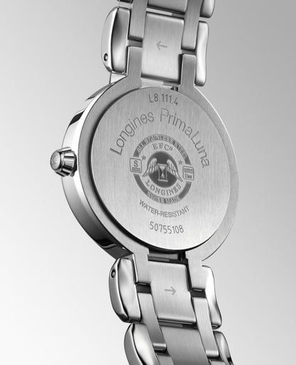 Longines Primaluna 26.50 mm White mother-of-pearl Stainless steel L81114876 L8.111.4.87.6 front and side view