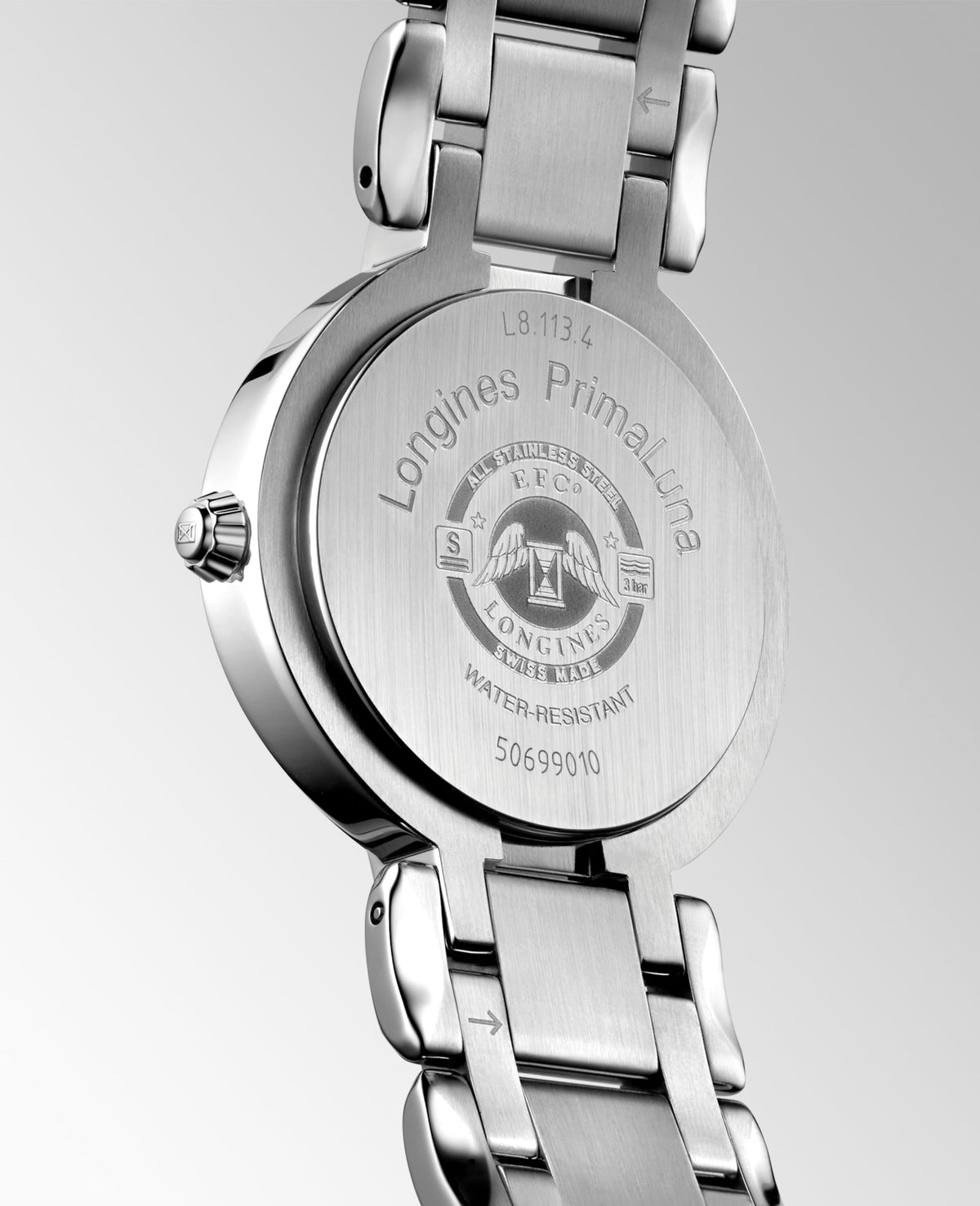 Longines Primaluna 30.00 mm White mother-of-pearl Stainless steel L81134876 L8.113.4.87.6 front and side view