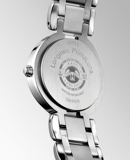 Longines Primaluna 30.00 mm White mother-of-pearl Stainless steel L81134876 L8.113.4.87.6 front and side view
