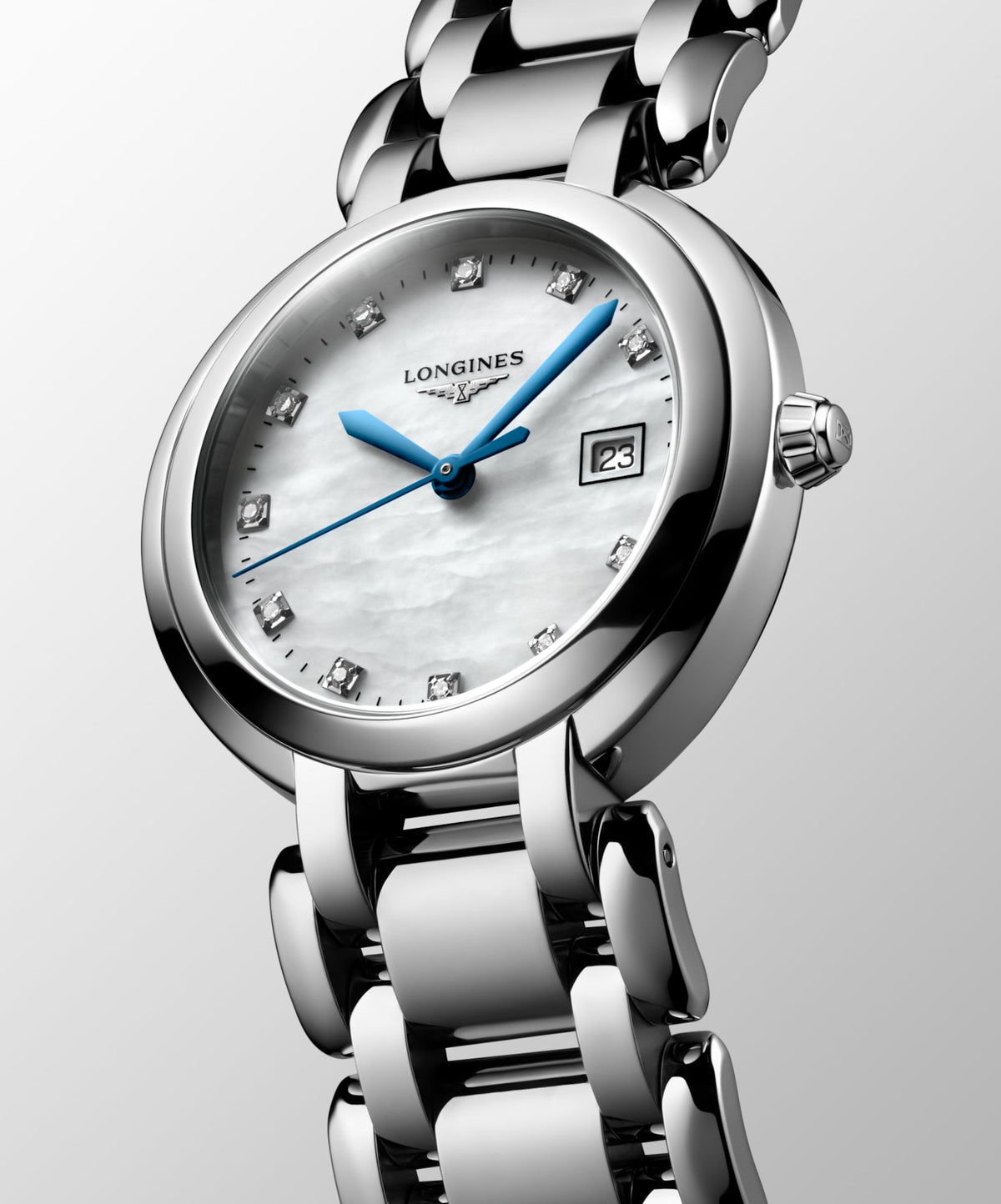 Longines Primaluna 30.00 mm White mother-of-pearl Stainless steel L81224876 L8.122.4.87.6 front and side view