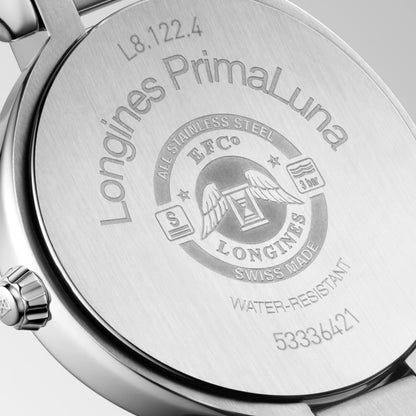 Longines Primaluna 30.00 mm Sunray pink Stainless steel L81224996 L8.122.4.99.6 front and side view