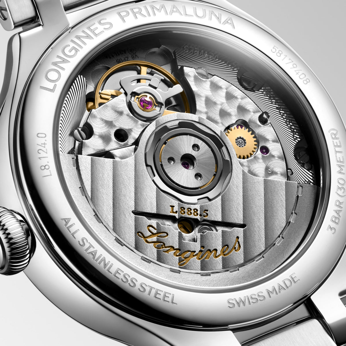 Longines Primaluna 34.00 mm Sunray silver Stainless steel L81240716 L8.124.0.71.6 back view