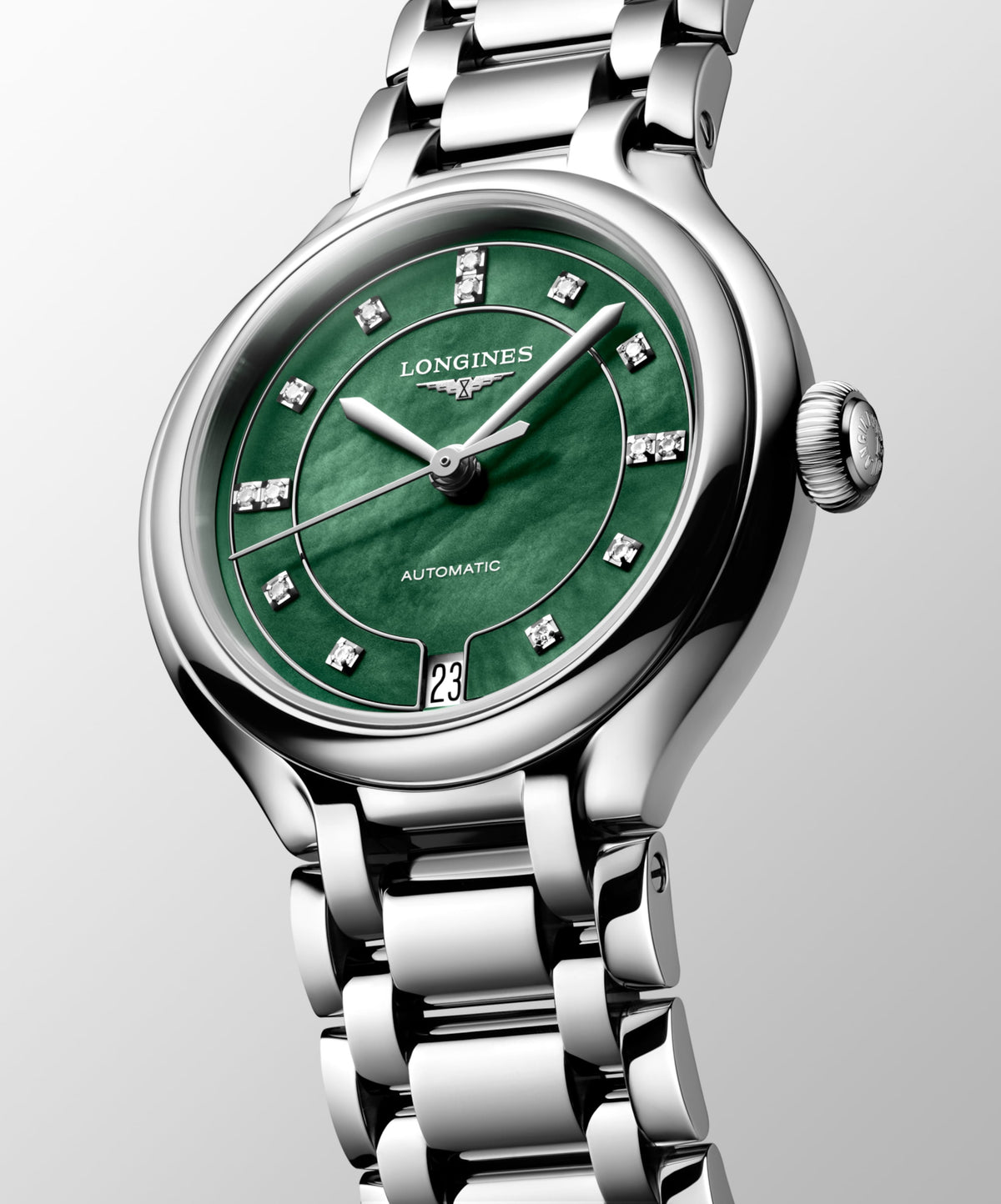 Longines Primaluna 34.00 mm Vivid Green mother-of-pearl Stainless steel L81244076 L8.124.4.07.6 front and side view