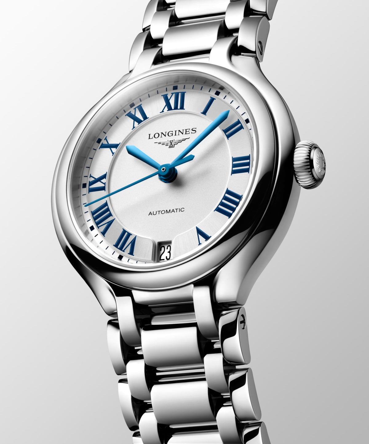 Longines Primaluna 34.00 mm Sunray silver Stainless steel L81244716 L8.124.4.71.6 front and side view