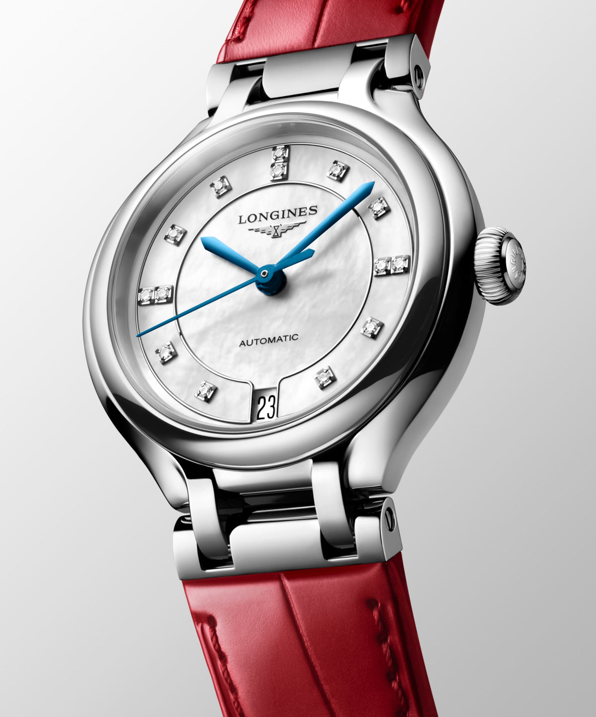 Longines Primaluna 34.00 mm White mother-of-pearl Stainless steel L81244872 L8.124.4.87.2 front and side view