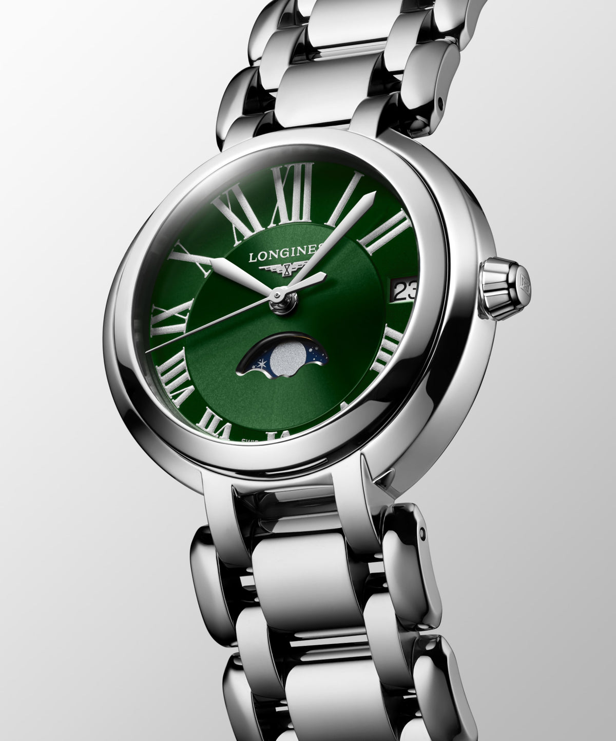 Longines Primaluna Moonphase 30.50 mm Green Stainless steel L81154616 L8.115.4.61.6 front and side view