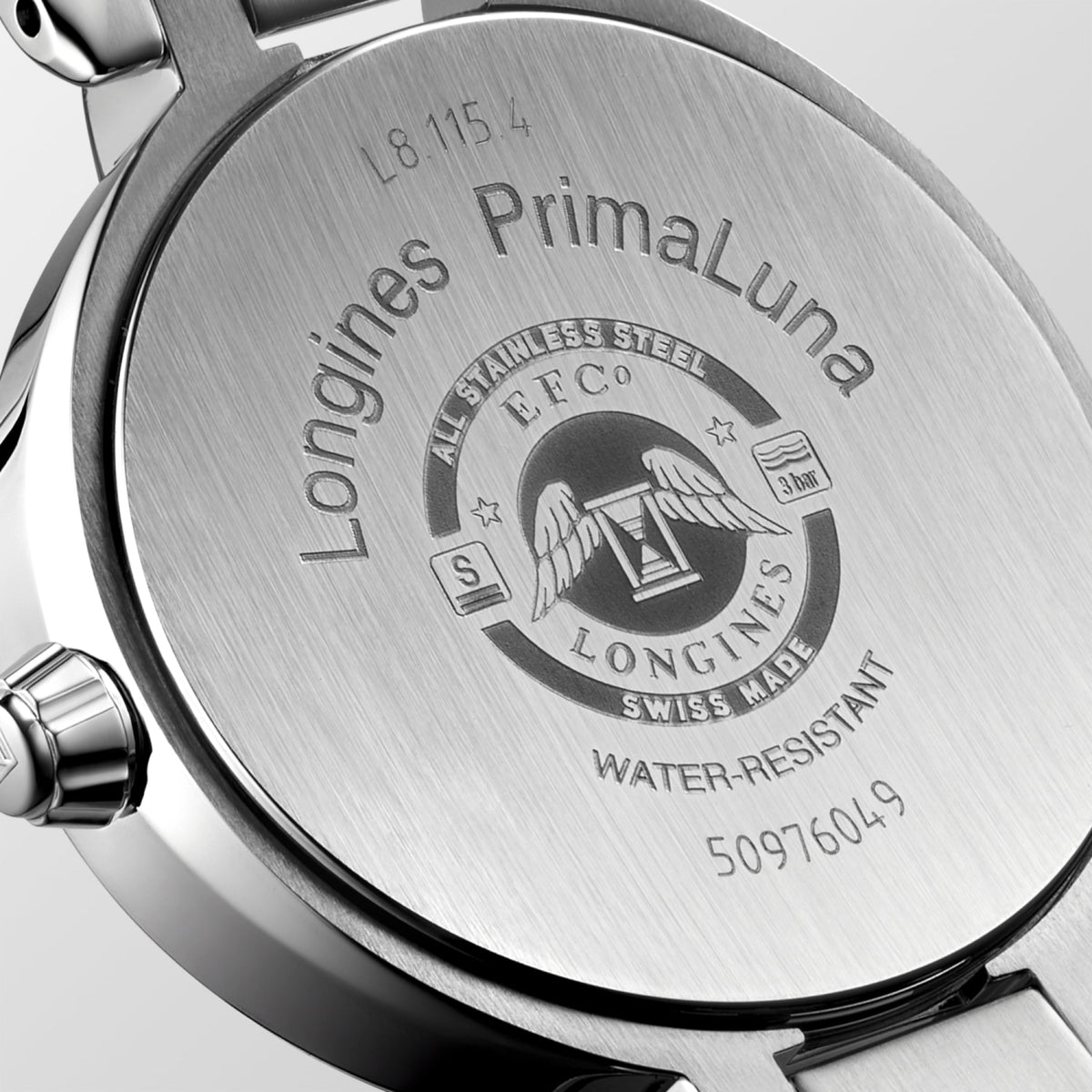 Longines Primaluna Moonphase 30.50 mm White mother-of-pearl Stainless steel L81154876 L8.115.4.87.6 front and side view