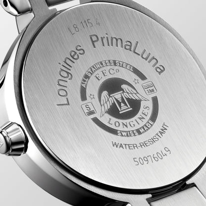 Longines Primaluna Moonphase 30.50 mm White mother-of-pearl Stainless steel L81154876 L8.115.4.87.6 front and side view
