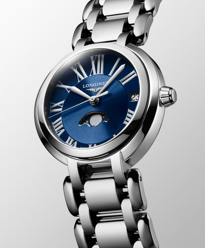 Longines Primaluna Moonphase 30.50 mm Blue Stainless steel L81154916 L8.115.4.91.6 front and side view