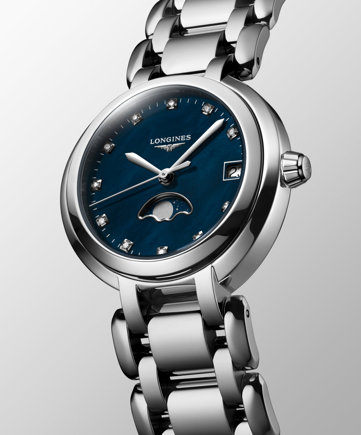 Longines Primaluna Moonphase 30.50 mm Blue mother-of-pearl Stainless steel L81154986 L8.115.4.98.6 front and side view