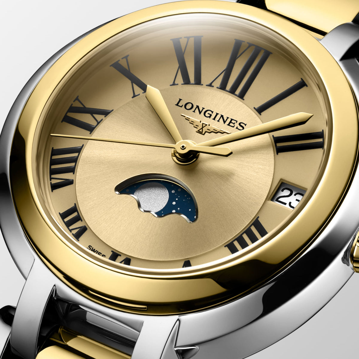 Longines Primaluna Moonphase 30.50 mm Gilt Stainless steel and 18 karat yellow gold cap 200 L81155317 L8.115.5.31.7 detailed view