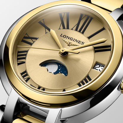 Longines Primaluna Moonphase 30.50 mm Gilt Stainless steel and 18 karat yellow gold cap 200 L81155317 L8.115.5.31.7 detailed view