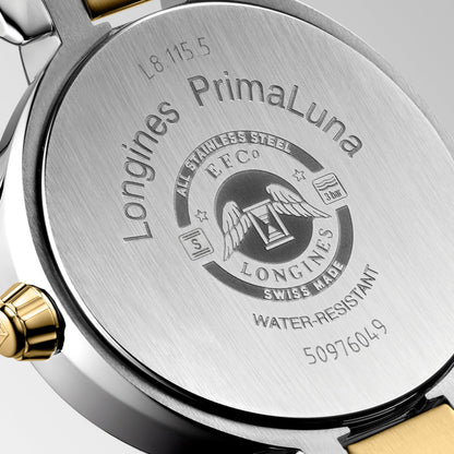 Longines Primaluna Moonphase 30.50 mm Gilt Stainless steel and 18 karat yellow gold cap 200 L81155317 L8.115.5.31.7 front and side view