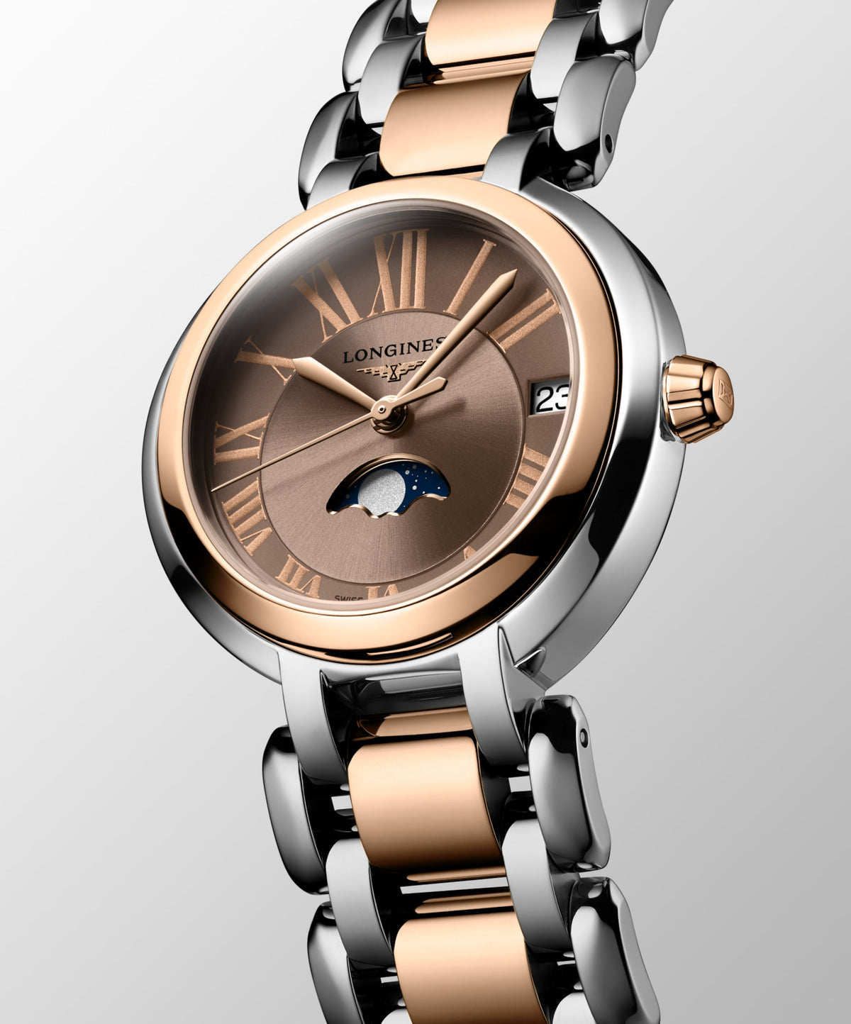Longines Primaluna Moonphase 30.50 mm Taupe Stainless steel and rose gold 18 carats cap 200 L81155617 L8.115.5.61.7 front and side view