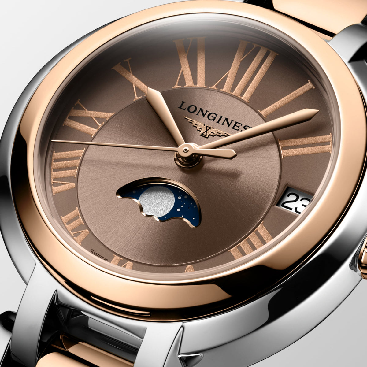 Longines Primaluna Moonphase 30.50 mm Taupe Stainless steel and rose gold 18 carats cap 200 L81155617 L8.115.5.61.7 detailed view