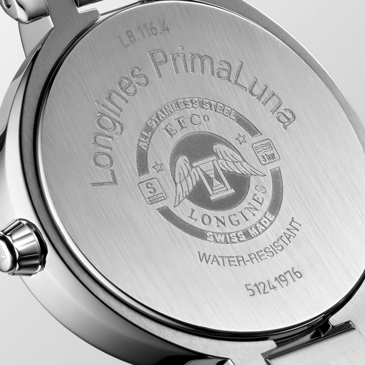 Longines Primaluna Moonphase 34.00 mm White mother-of-pearl Stainless steel L81164876 L8.116.4.87.6 front and side view