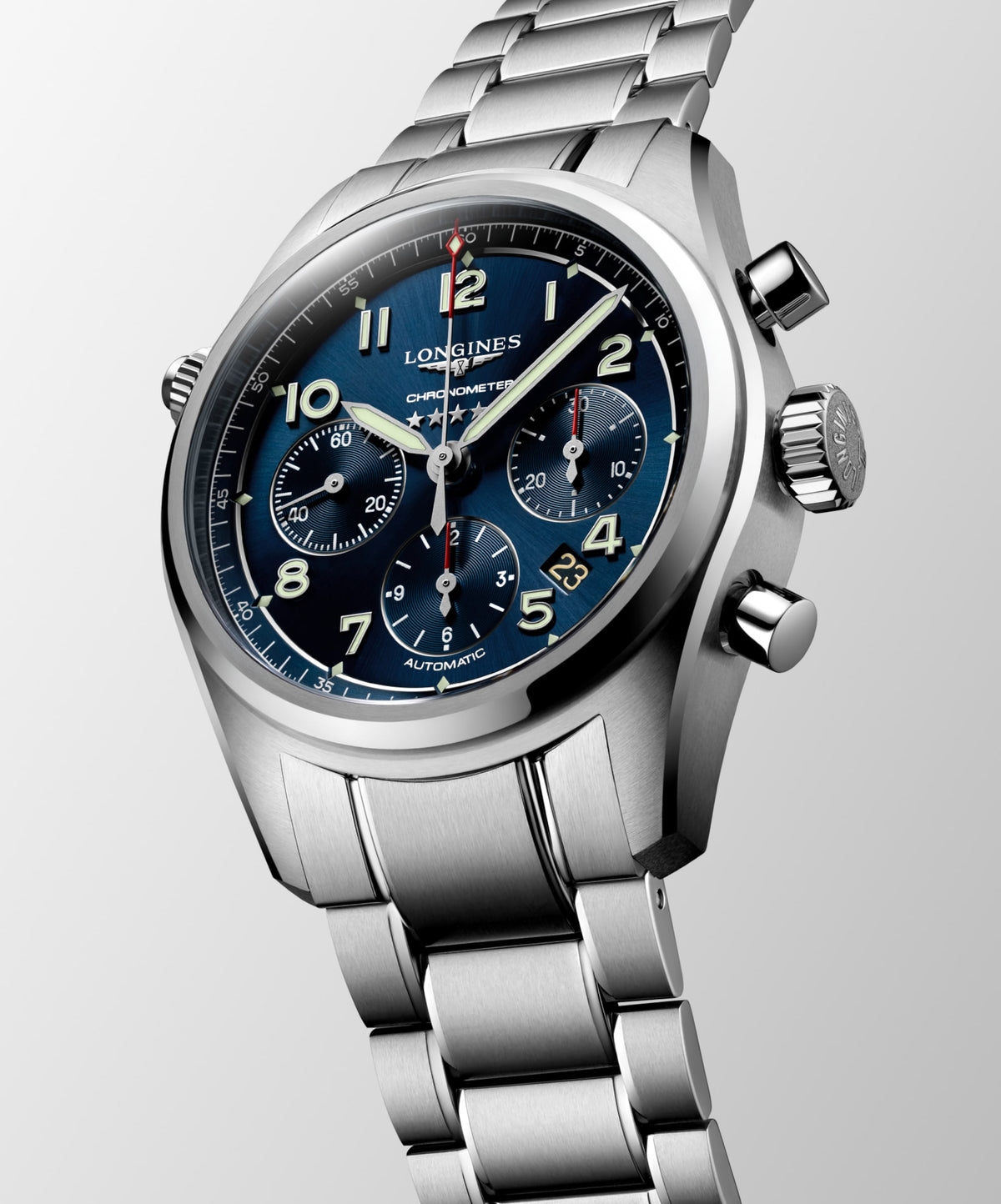 Longines Spirit Chronograph 42.00 mm Sunray blue Stainless steel L38204936 L3.820.4.93.6 side and back view