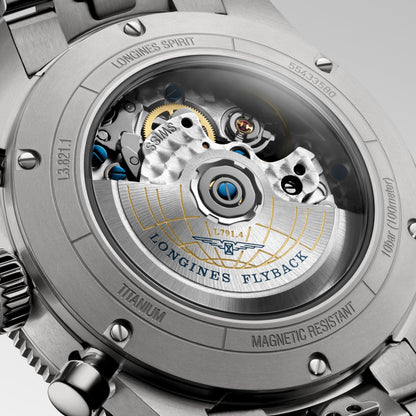Longines Spirit Flyback Titanium 42.00 mm Anthracite Titanium and ceramic bezel L38211536 L3.821.1.53.6 side and back view