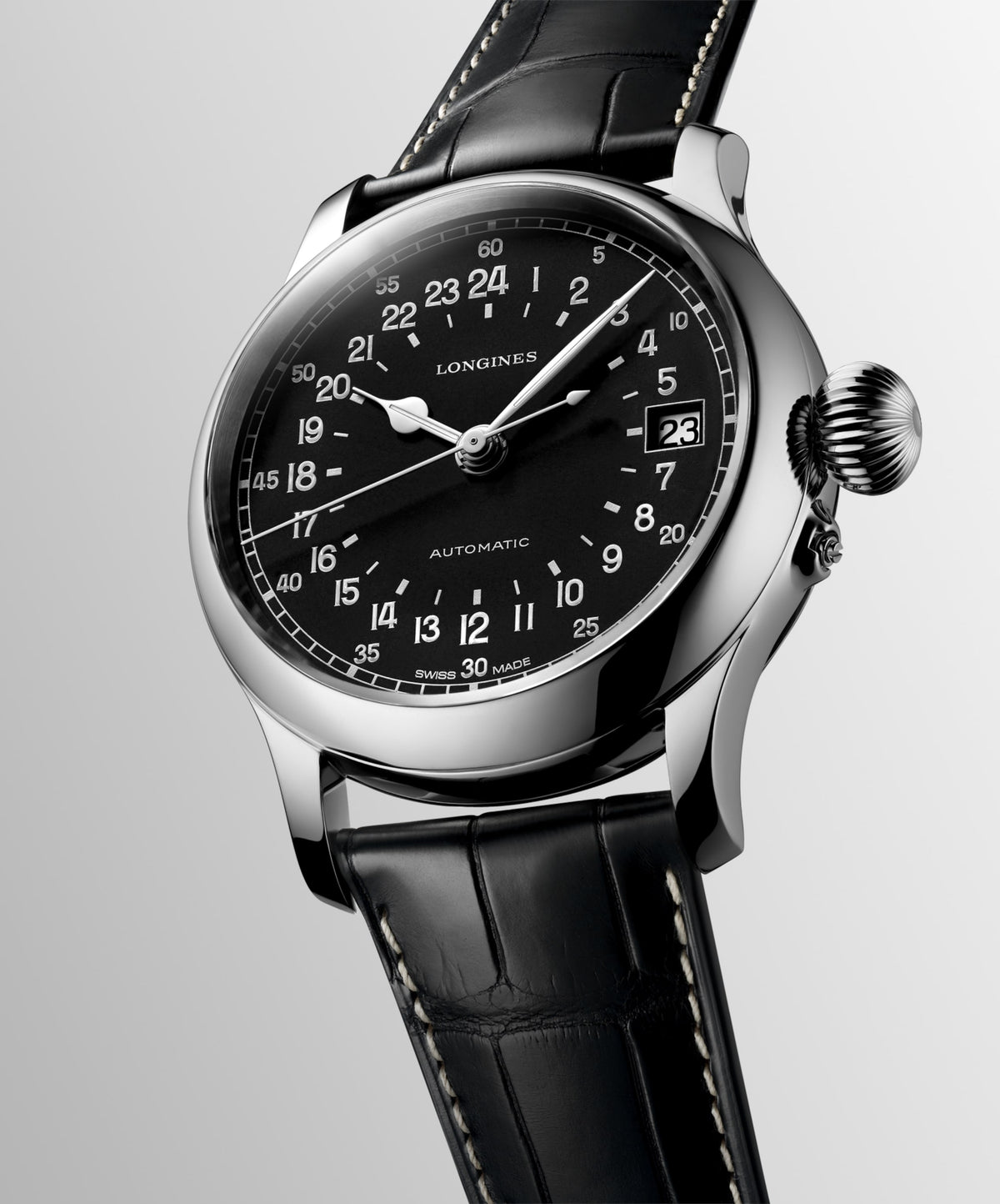 Longines Twenty-Four Hours 47.50 mm Black matt Stainless steel L27514534 L2.751.4.53.4 front and side view