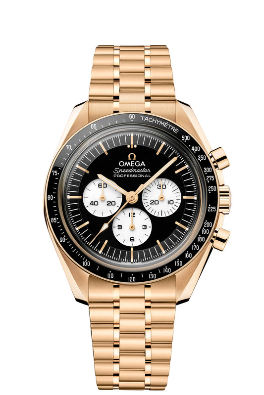 Front view of the OMEGA Speedmaster Moonwatch Professional 42mm in 18K Moonshine Gold featuring an inverted black and white step dial, white subdials, Moonshine Gold hands and hour markers with Super-LumiNova, black ceramic tachymeter bezel, and sapphire crystal, reference 310.60.42.50.01.002.