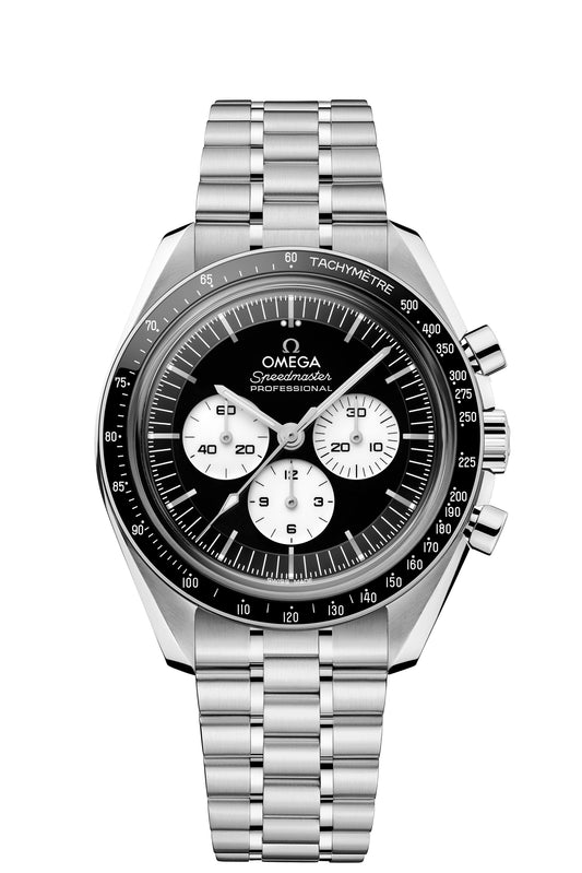 Exhibition caseback of the OMEGA Speedmaster Moonwatch Professional in stainless steel, reference 310.30.42.50.01.004, revealing the Co-Axial Master Chronometer Calibre 3861 mechanical movement with visible gears, bridges, and sapphire crystal construction.