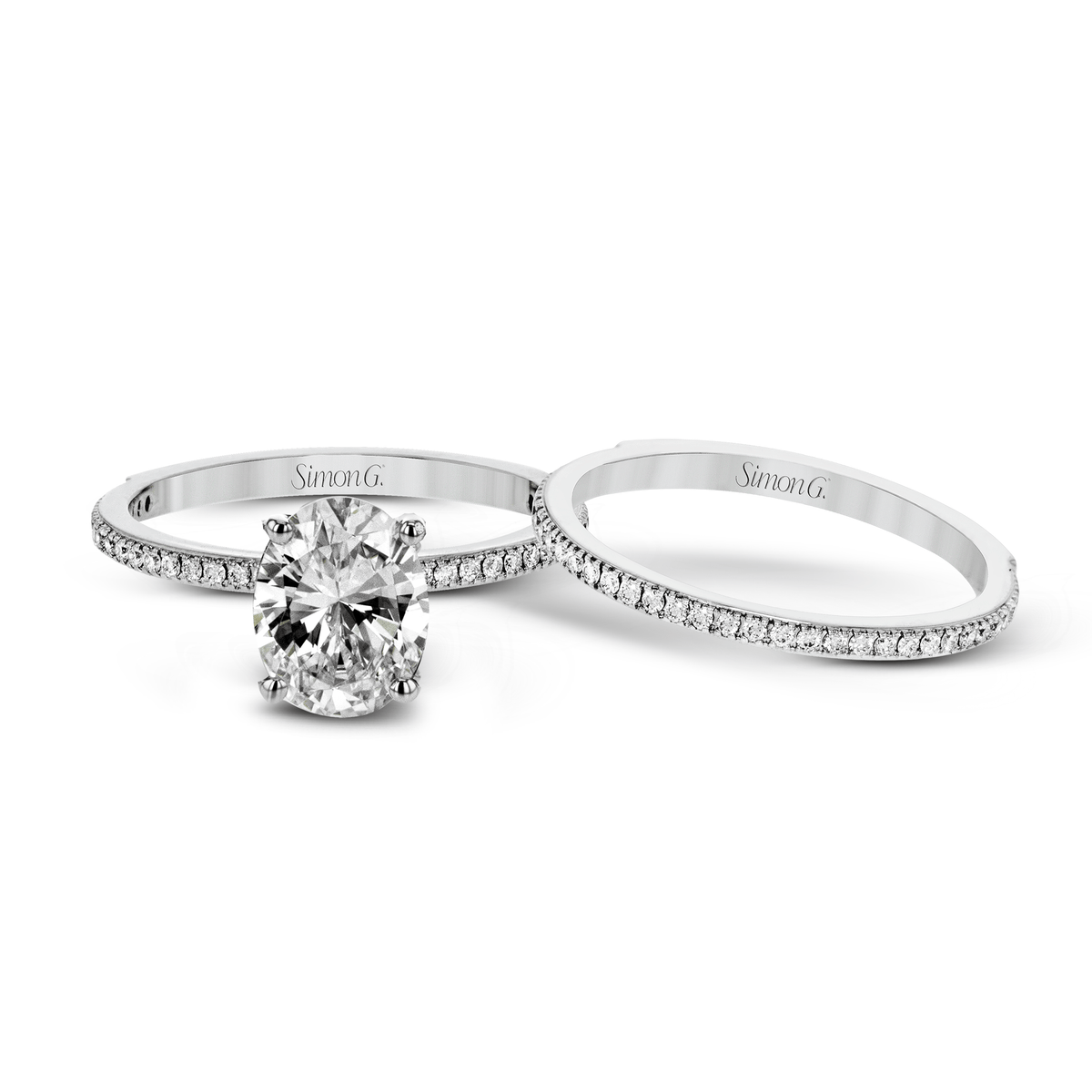 Oval - cut Engagement Ring & Matching Wedding Band in 18k Gold with Diamonds - Simon G. Jewelry