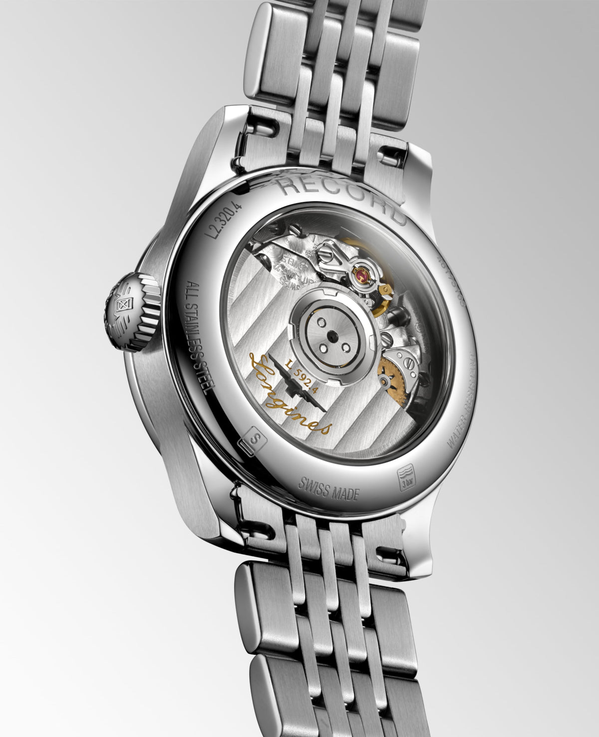 Record 26.00 mm White mother-of-pearl Stainless steel L23204876 L2.320.4.87.6 front and side view