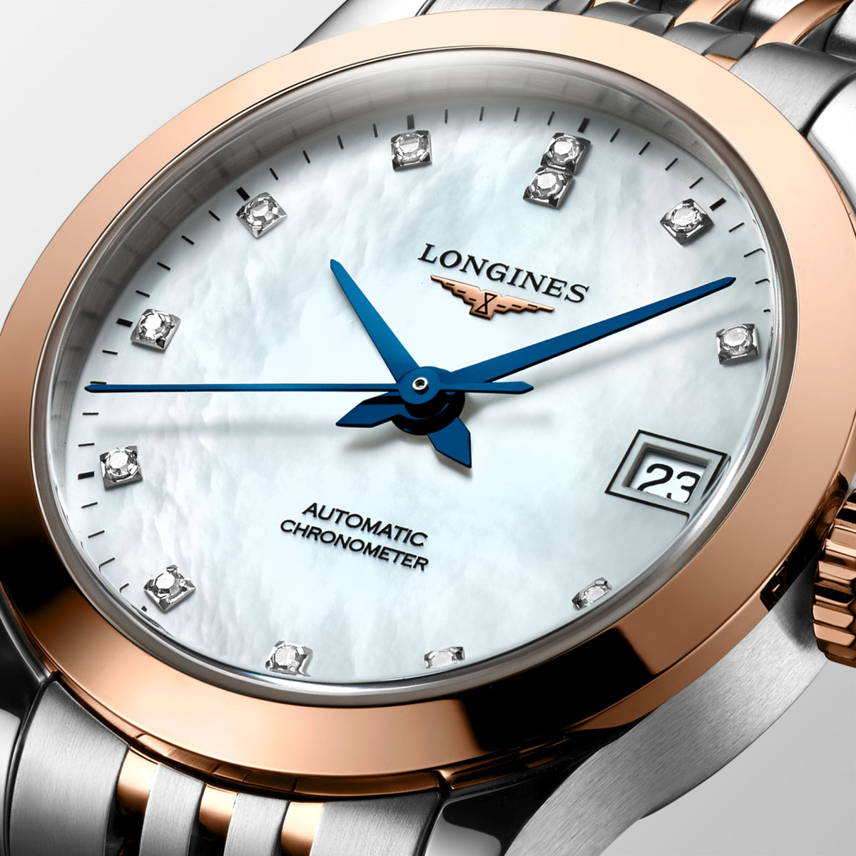 Record 26.00 mm White mother-of-pearl Stainless steel and rose gold 18 carats cap 200 L23205877 L2.320.5.87.7 detailed view
