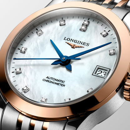 Record 26.00 mm White mother-of-pearl Stainless steel and rose gold 18 carats cap 200 L23205877 L2.320.5.87.7 detailed view