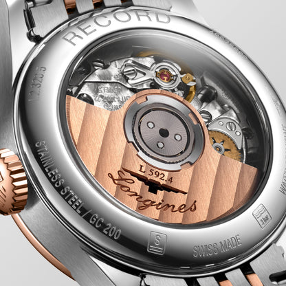 Record 26.00 mm White mother-of-pearl Stainless steel and rose gold 18 carats cap 200 L23205877 L2.320.5.87.7 front and side view