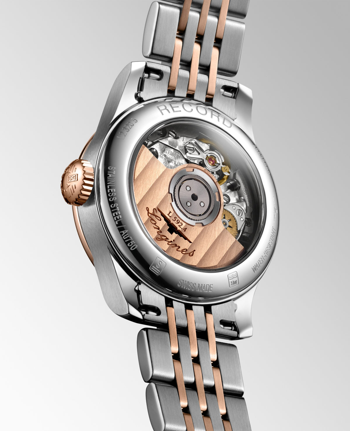 Record 26.00 mm White mother-of-pearl Stainless steel and rose gold 18 carats L23205897 L2.320.5.89.7 front and side view