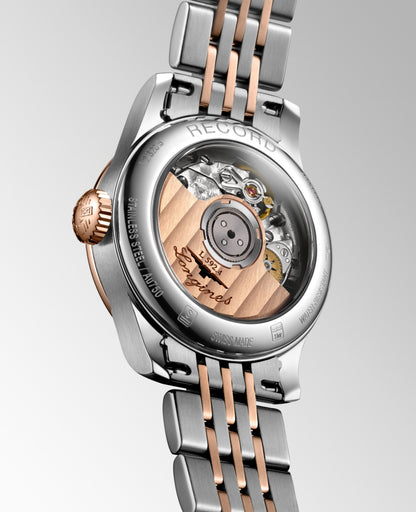 Record 26.00 mm White mother-of-pearl Stainless steel and rose gold 18 carats L23205897 L2.320.5.89.7 front and side view
