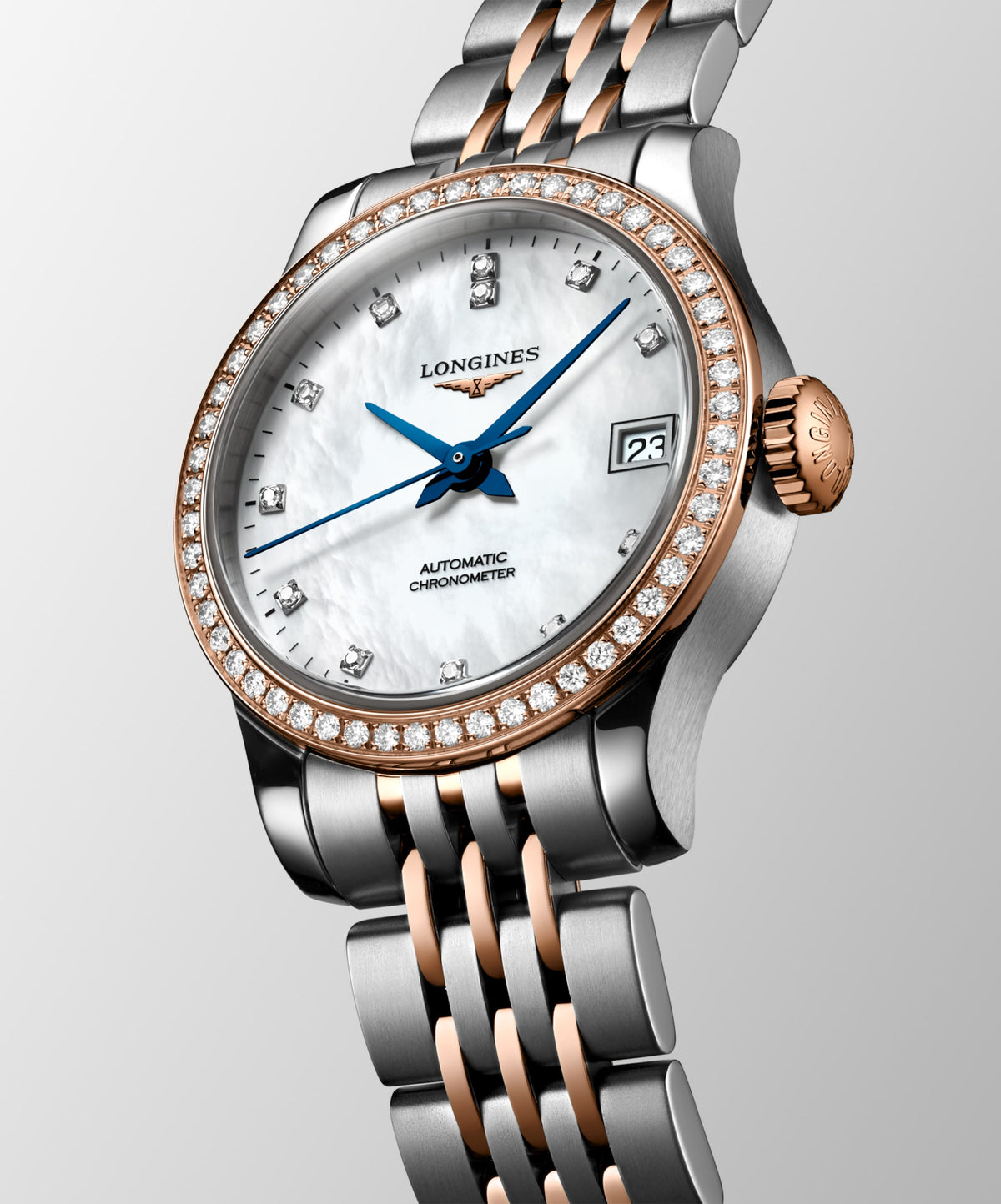 Record 26.00 mm White mother-of-pearl Stainless steel and rose gold 18 carats L23205897 L2.320.5.89.7 back view