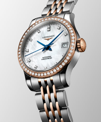 Record 26.00 mm White mother-of-pearl Stainless steel and rose gold 18 carats L23205897 L2.320.5.89.7 back view