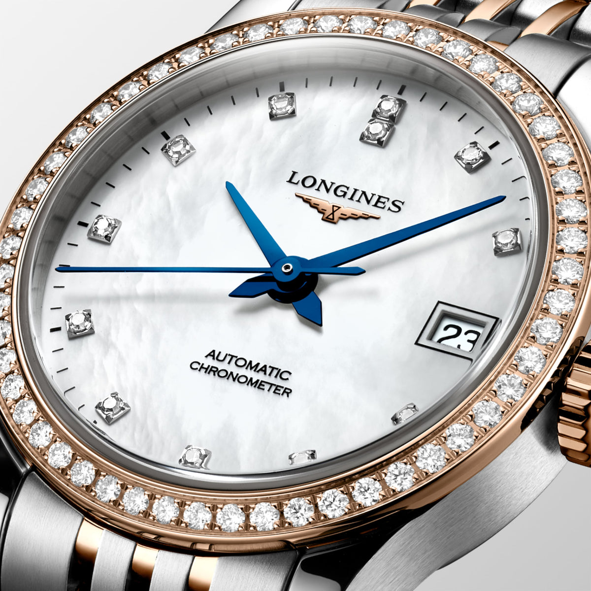 Record 26.00 mm White mother-of-pearl Stainless steel and rose gold 18 carats L23205897 L2.320.5.89.7 detailed view