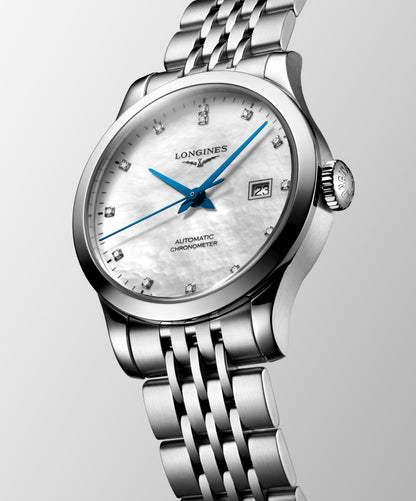 Record 30.00 mm White mother-of-pearl Stainless steel L23214876 L2.321.4.87.6 front and side view