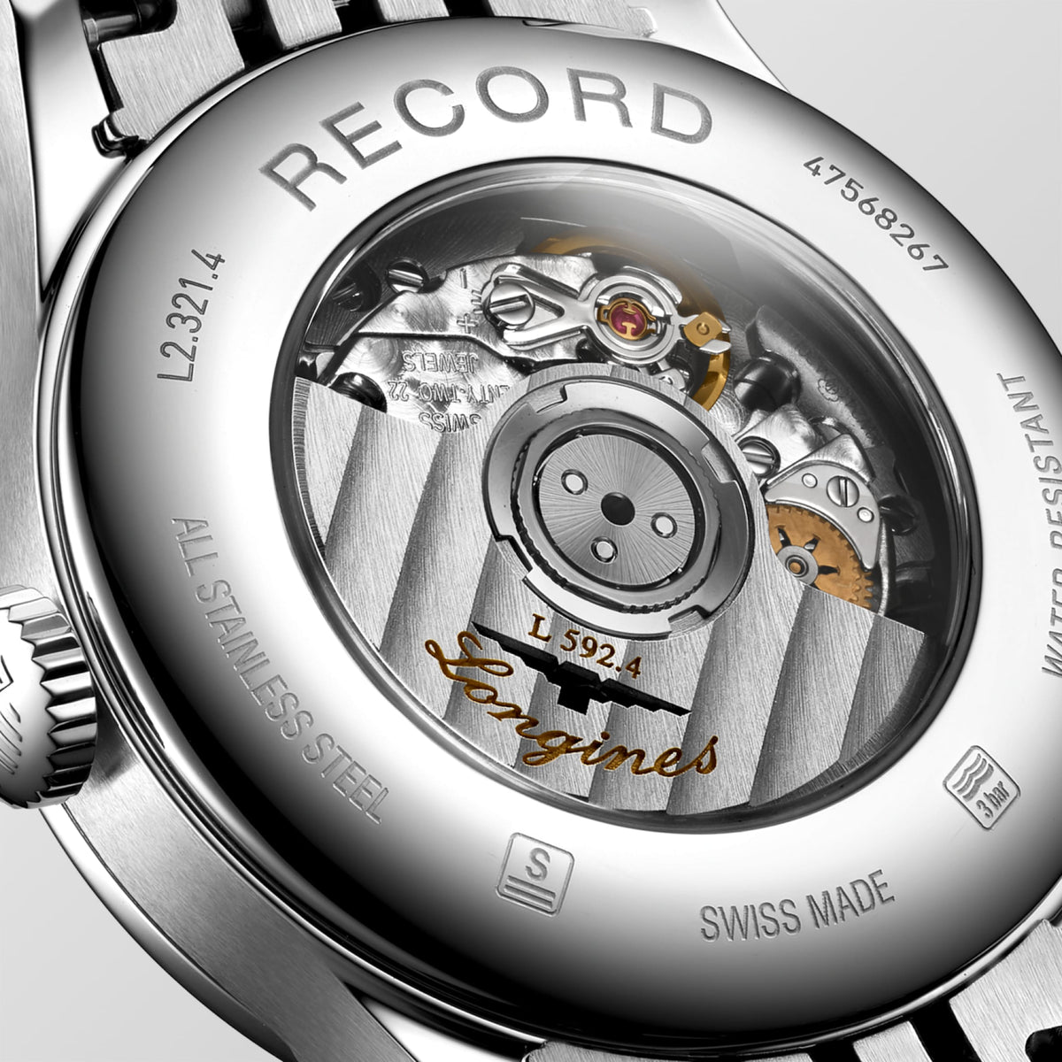 Record 30.00 mm White mother-of-pearl Stainless steel L23214876 L2.321.4.87.6 back view
